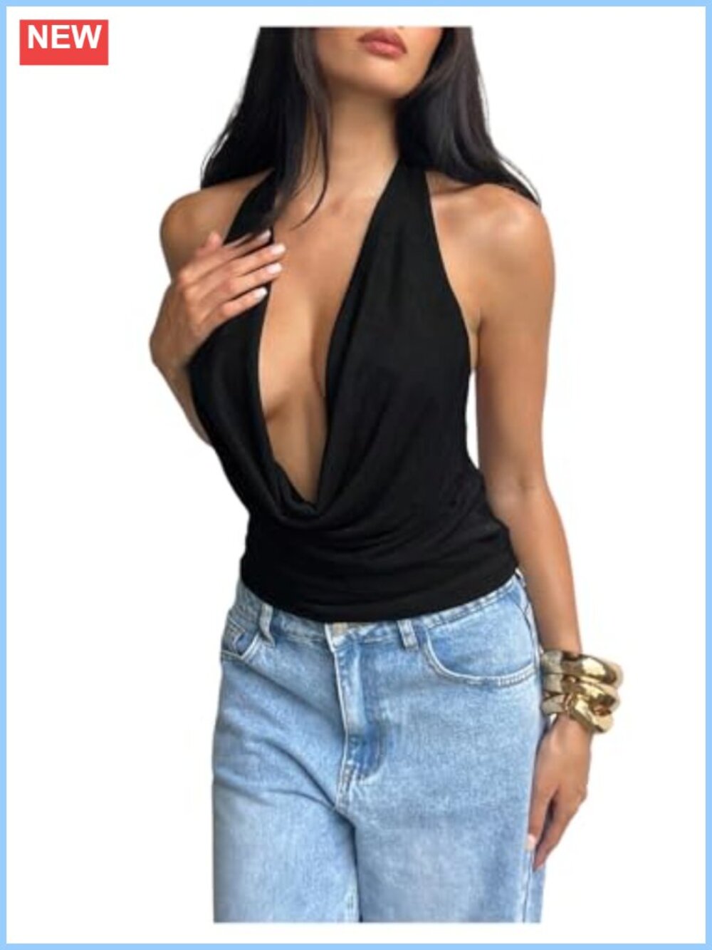 MakeMeChic Women's Cowl Neck Crop Halter Top Sleeveless Slim Fit Rave Clubwear
